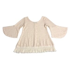 Sassybling Top Womens S Beige Crochet Fringe Hem Flare Sleeve Sheer Boho Western
